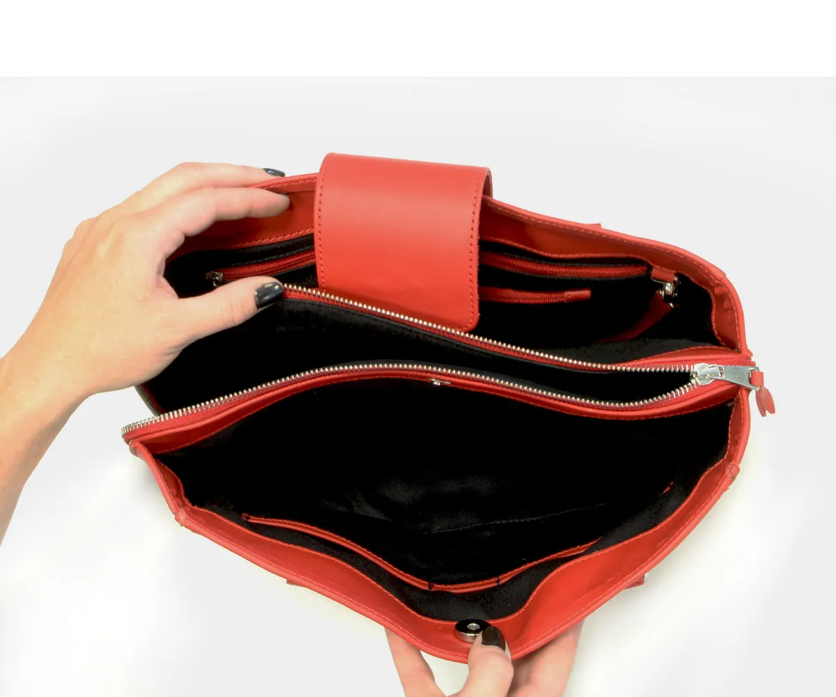 Criss-Cross Genuine Leather Lipstick Red Satchel