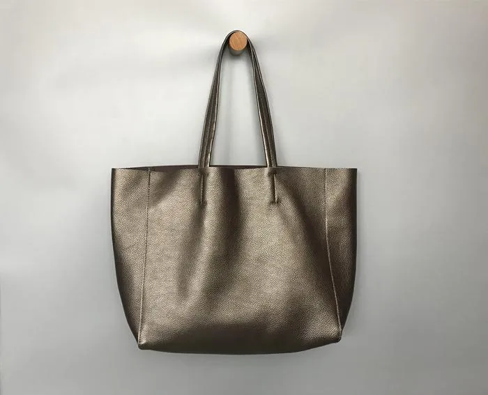 Fashion Womens Gold Leather Oversize Tote Bags Bronze Shoulder Tote Bag Handbag Tote For Women