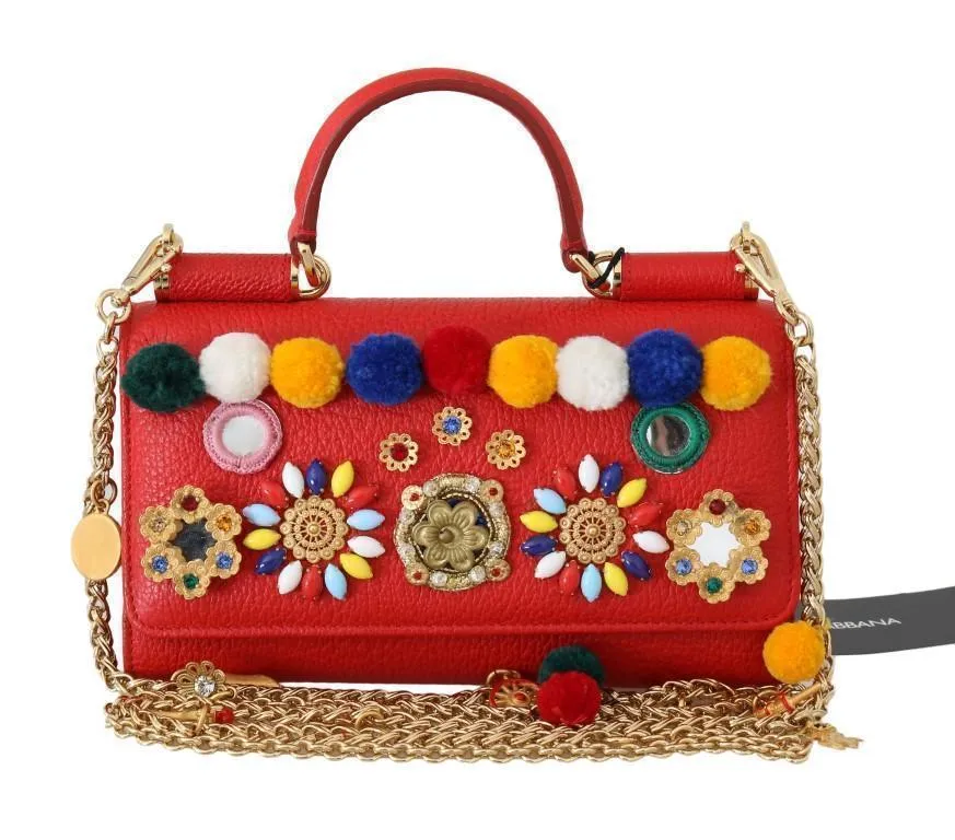 Red VON Leather Crystal Carretto POM POM Bag