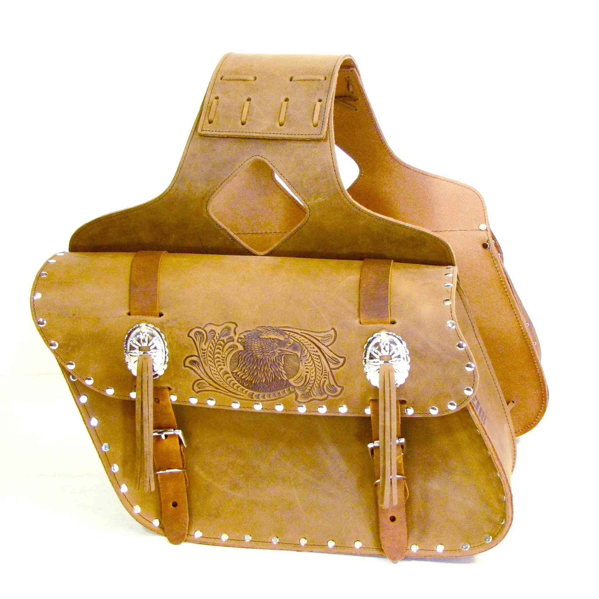 Studded Slanted Saddlebag- Brown Eagle Head w/Scroll
